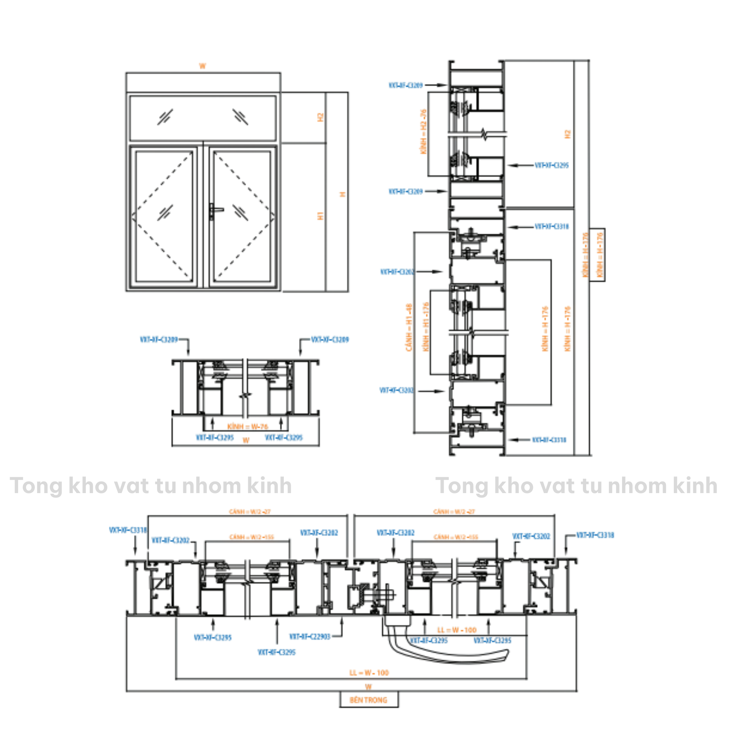 CỬA SỔ 2 CÁNH MỞ NGOÀI HỆ 55 CÓ FIX (NỐI KHUNG)